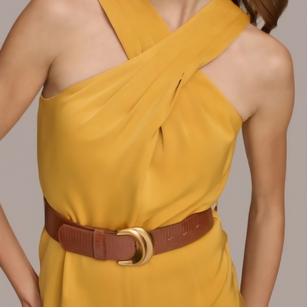 Donna Karan Mustard Jumpsuit With Brown Belt